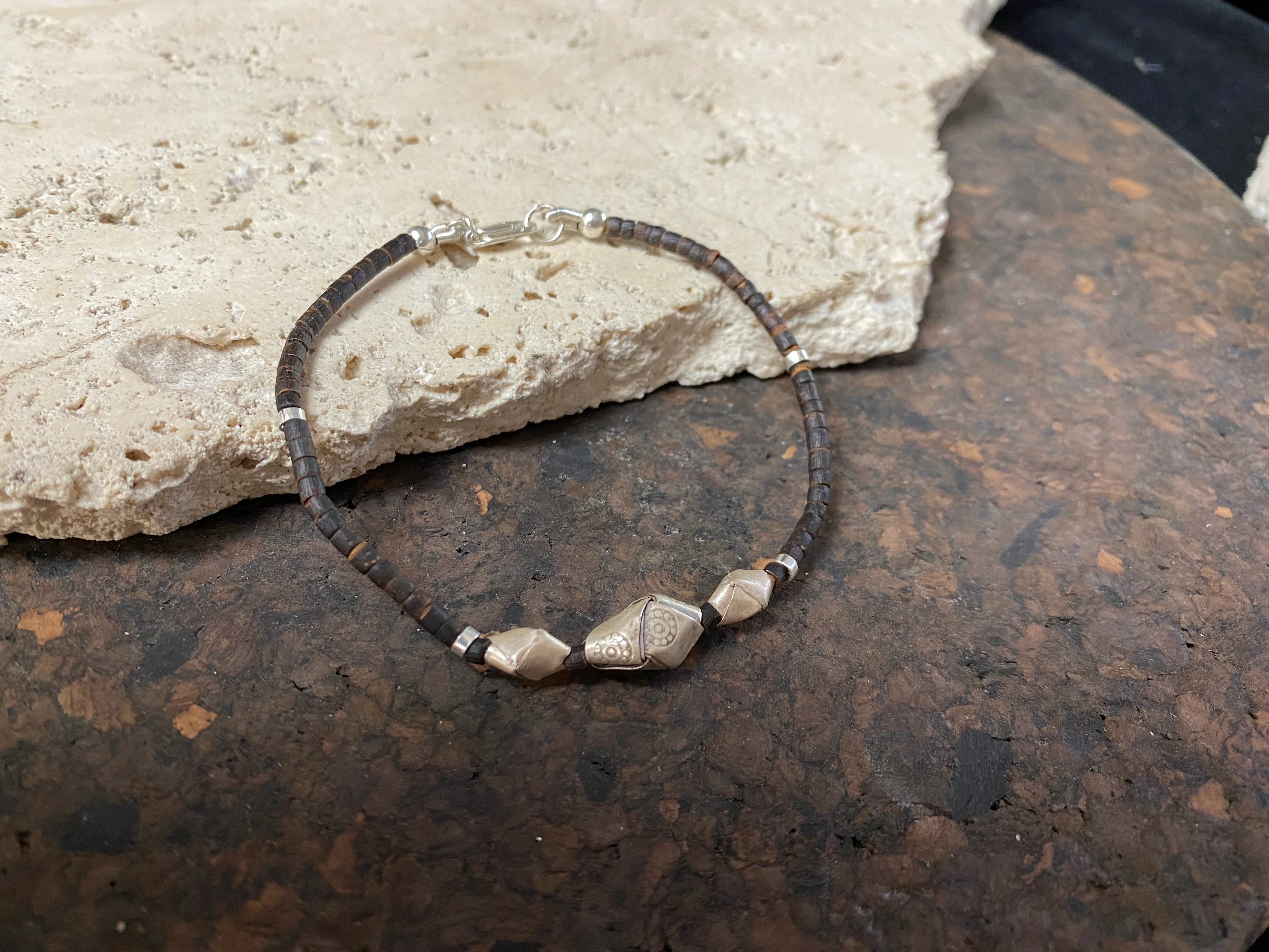 Silver and Coconut Wood Bracelet - Knot Beads - Image 2