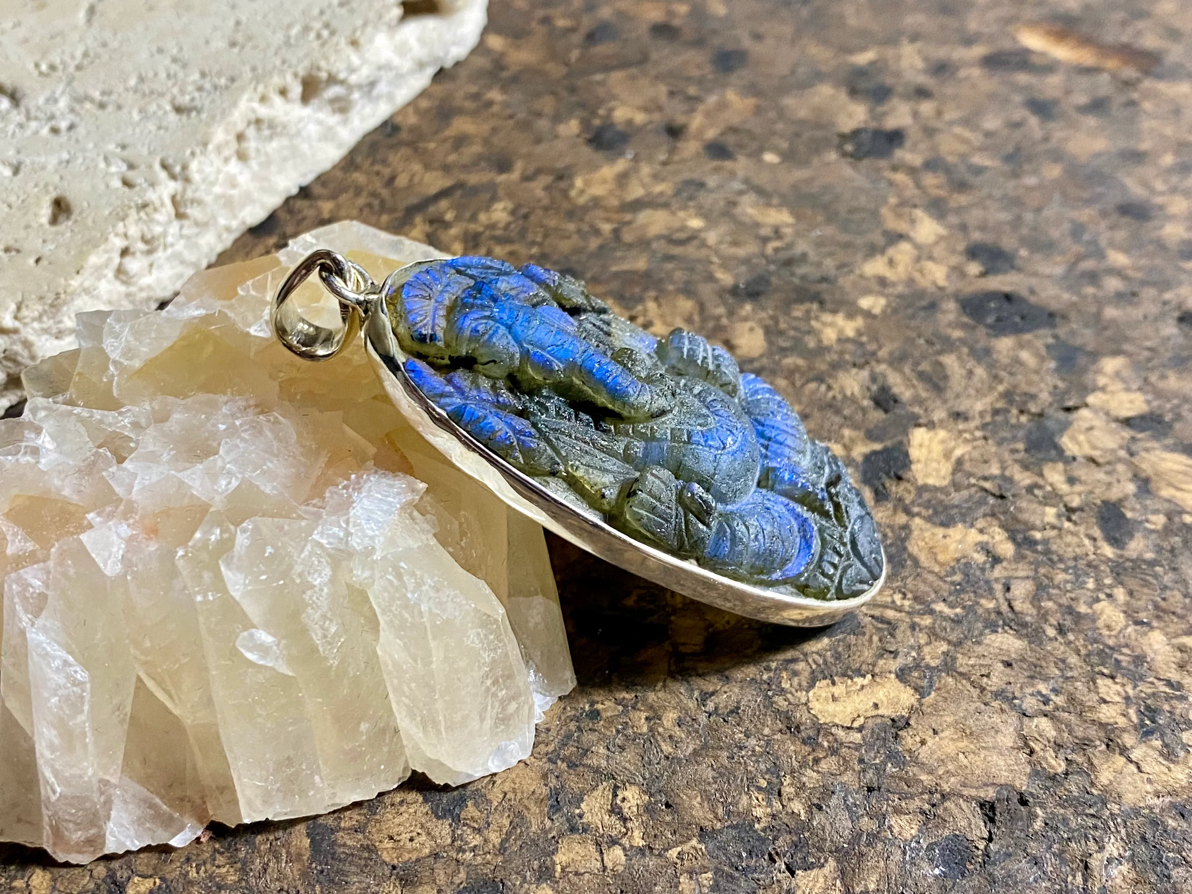 Ganesh Hand Carved Labradorite Pendant - Long Oval (No 7)