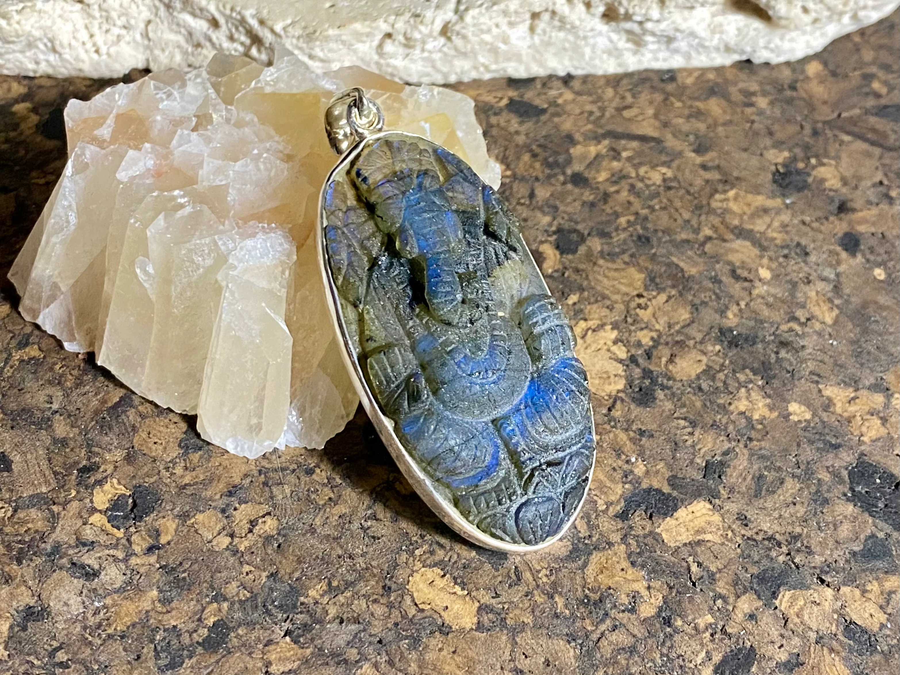 Ganesh Hand Carved Labradorite Pendant - Long Oval (No 7) - Image 2