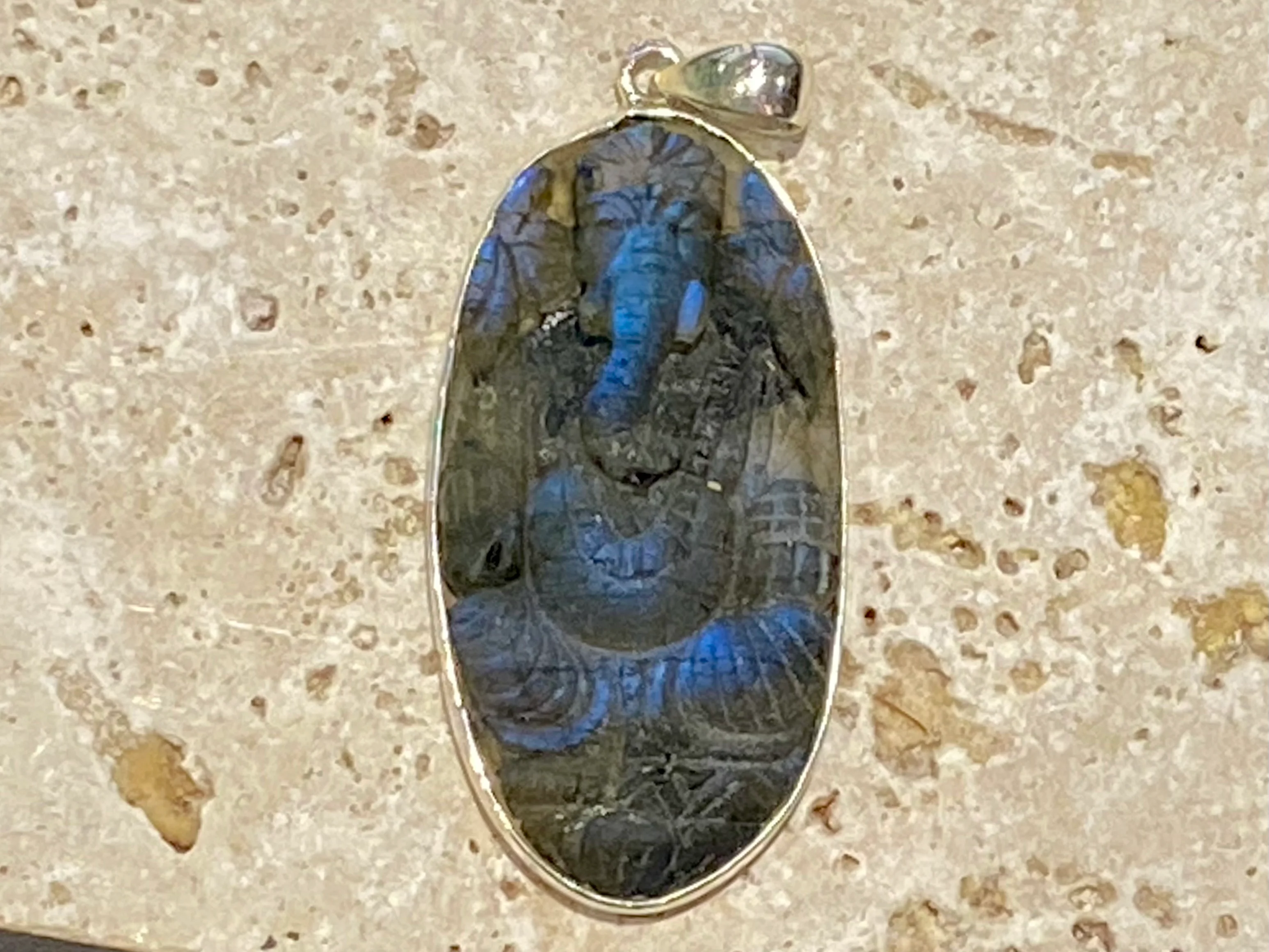 Ganesh Hand Carved Labradorite Pendant - Long Oval (No 7) - Image 3