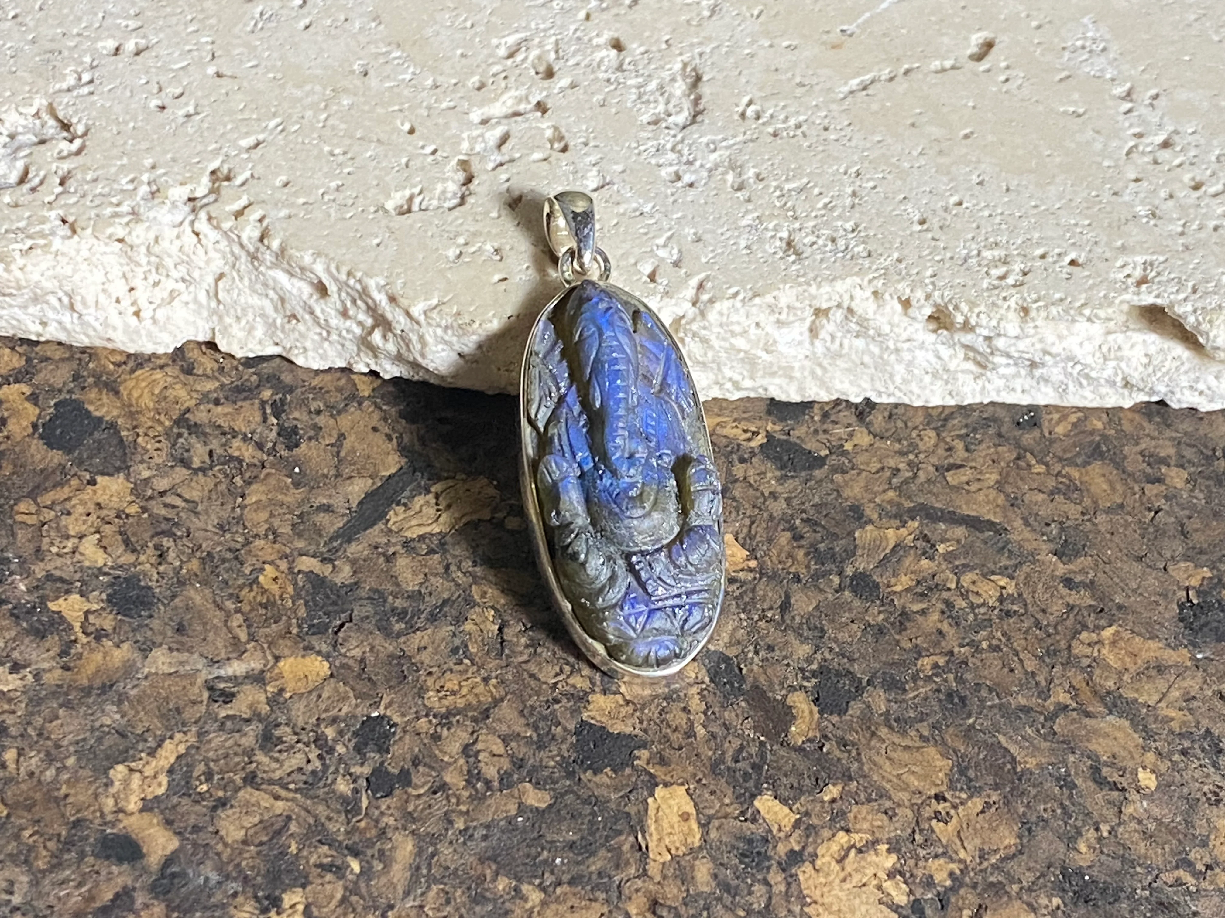 Ganesh Hand Carved Labradorite Pendant - Slender Oval (No 16)