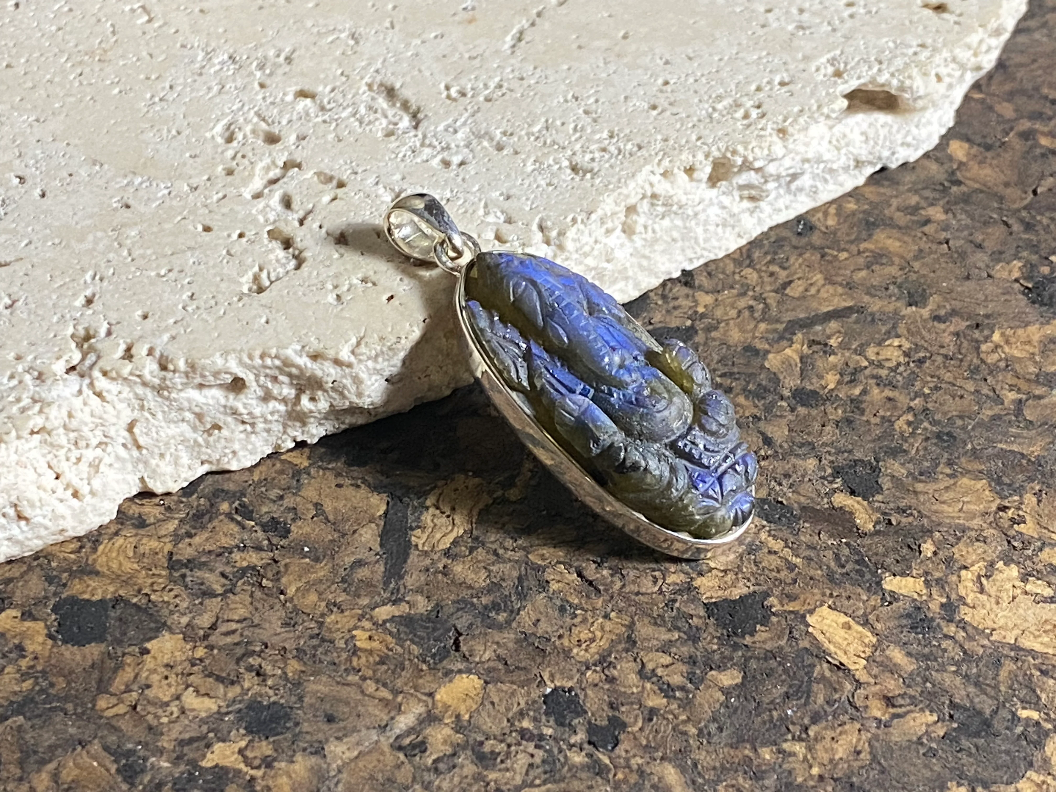 Ganesh Hand Carved Labradorite Pendant - Slender Oval (No 16) - Image 2