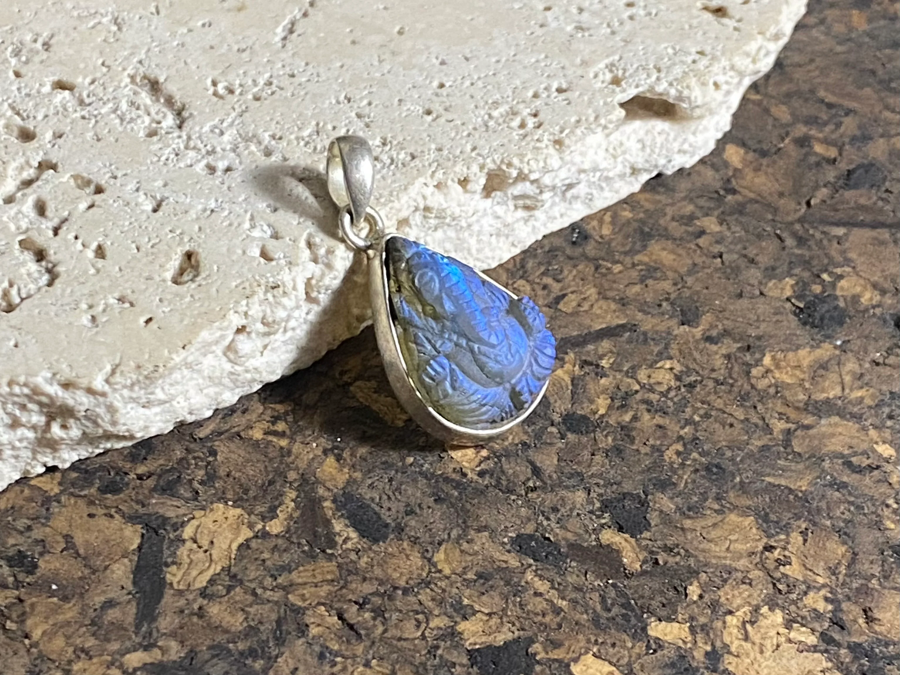 Ganesh Hand Carved Labradorite Pendant - Small Teardrop (No 19)