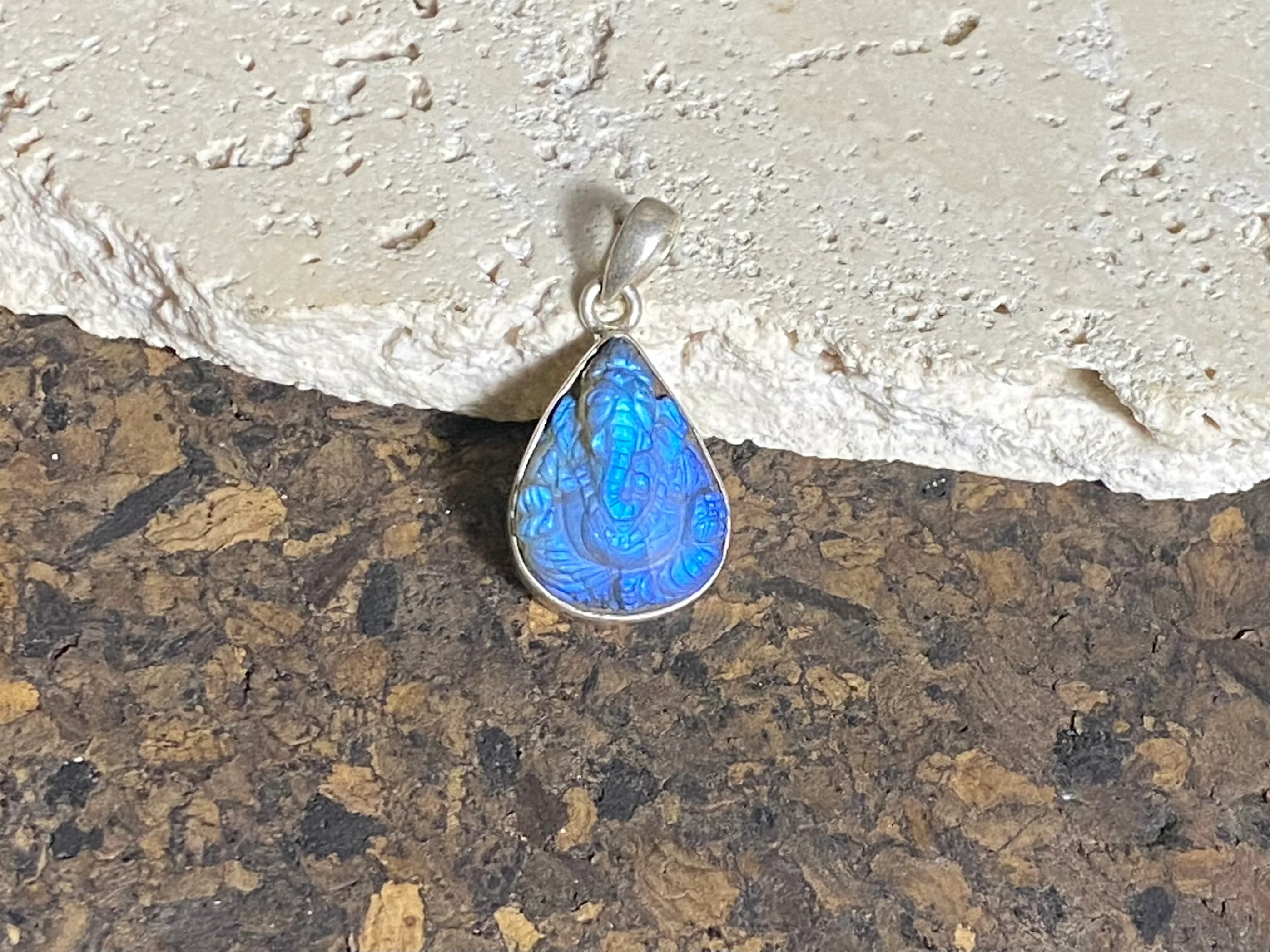 Ganesh Hand Carved Labradorite Pendant - Small Teardrop (No 19) - Image 2