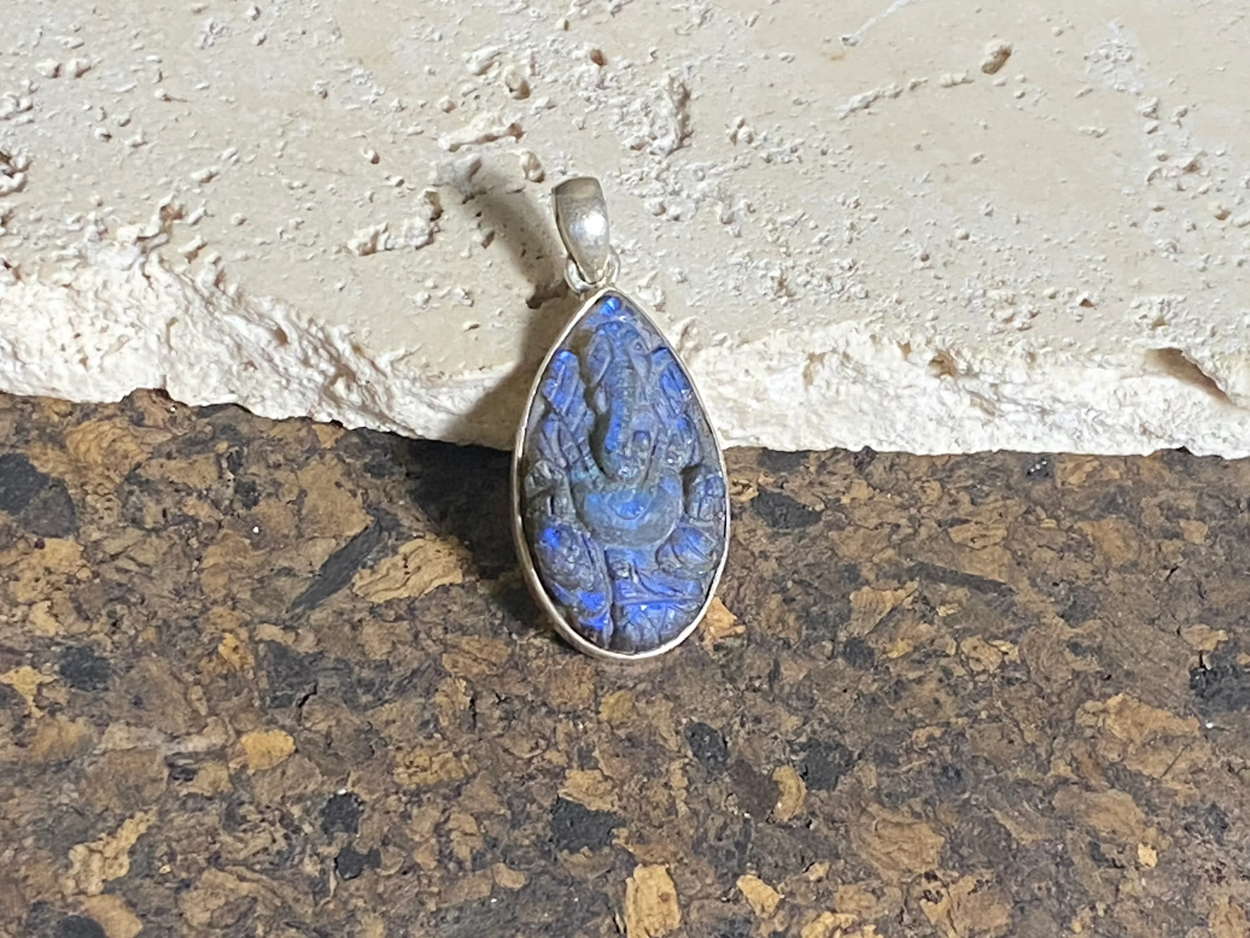Ganesh Hand Carved Labradorite Pendant - Teardrop (No 17)