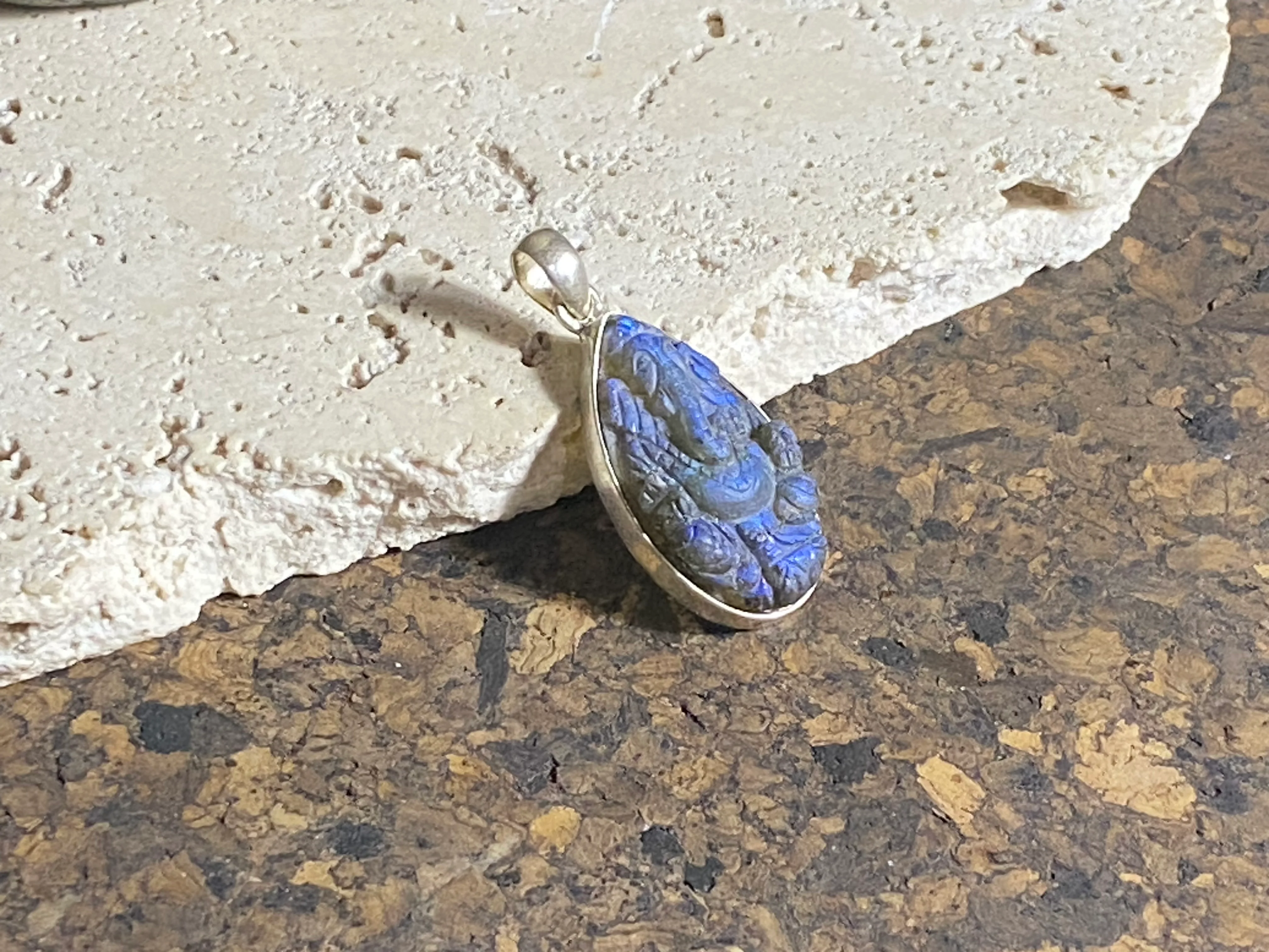 Ganesh Hand Carved Labradorite Pendant - Teardrop (No 17) - Image 2