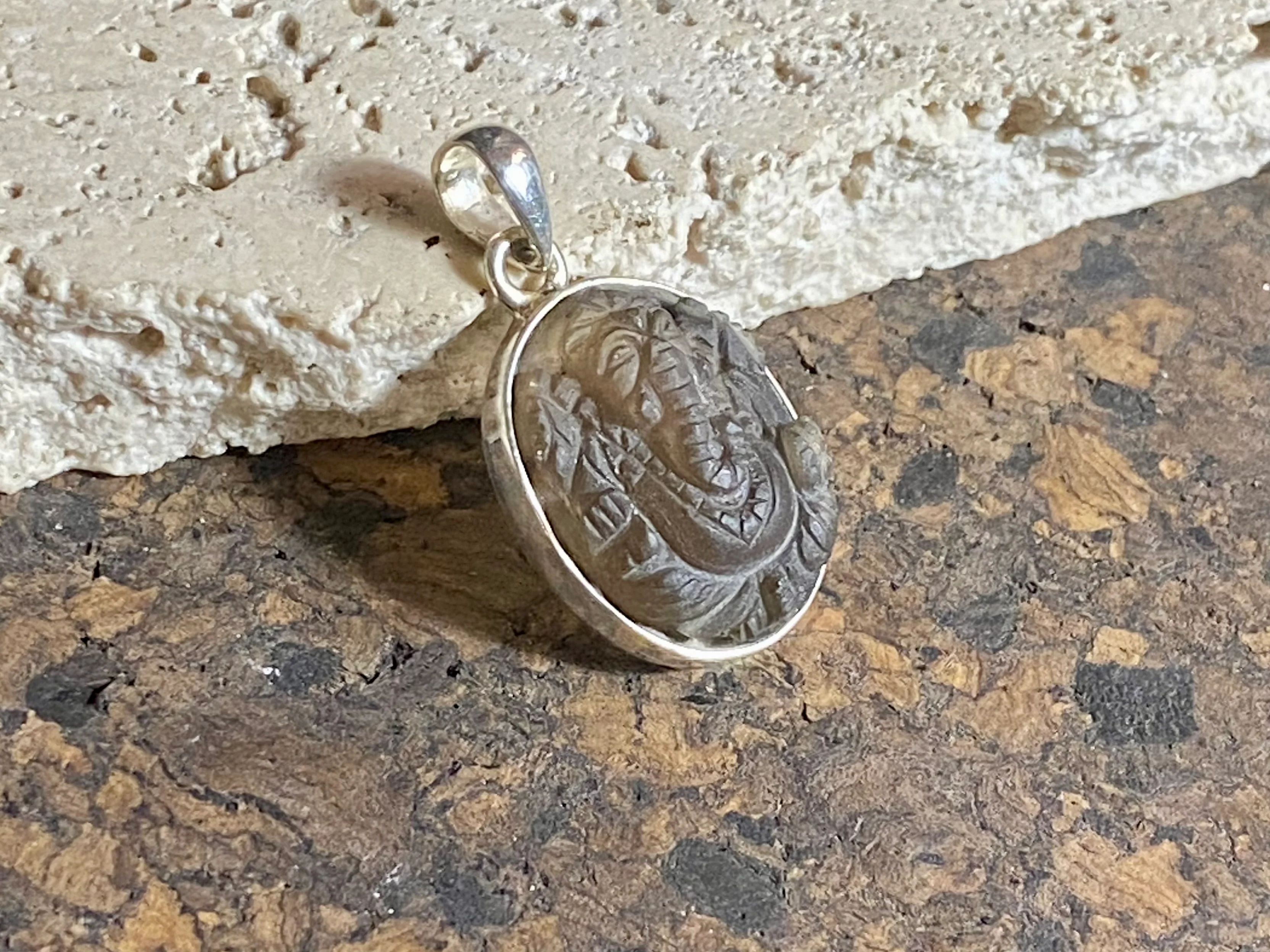 Hand Carved Smokey Quartz Ganesh Pendant