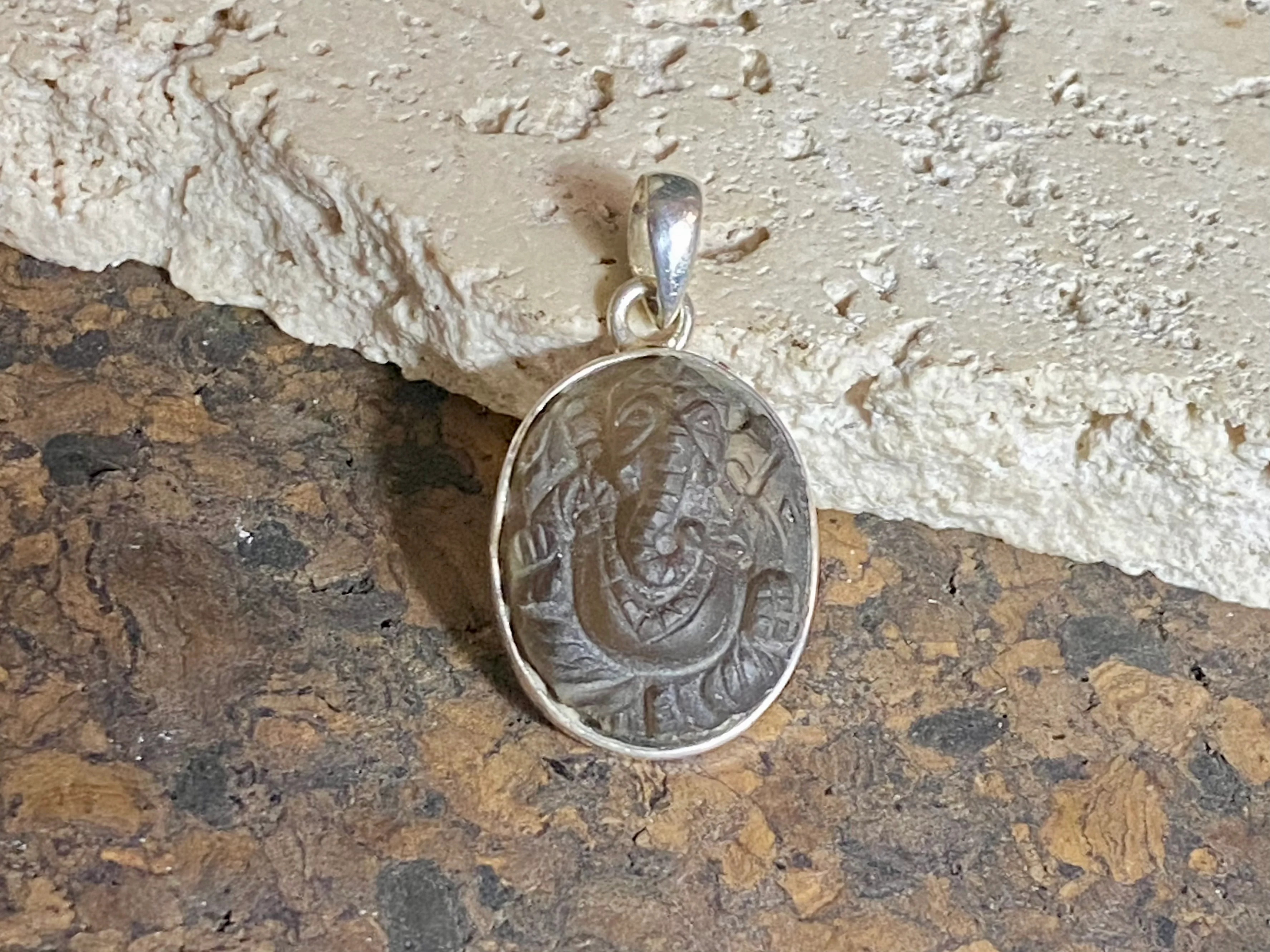 Hand Carved Smokey Quartz Ganesh Pendant - Image 2