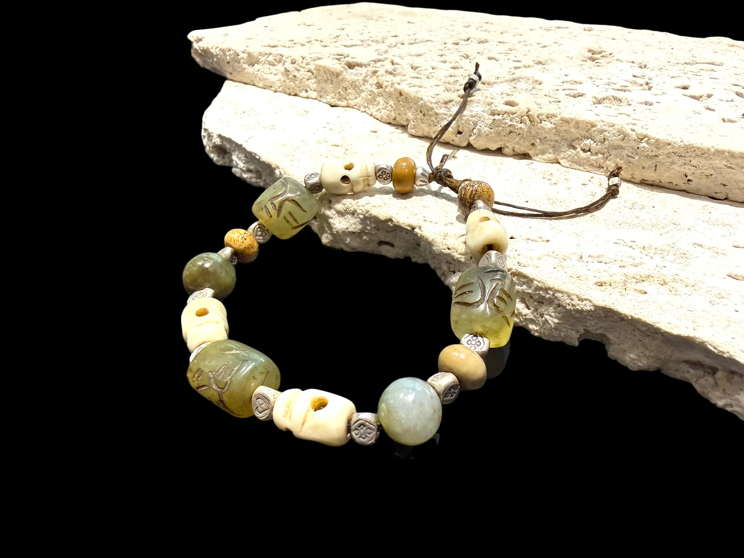 Jade, Silver & Bone Skull Bracelet - Image 4