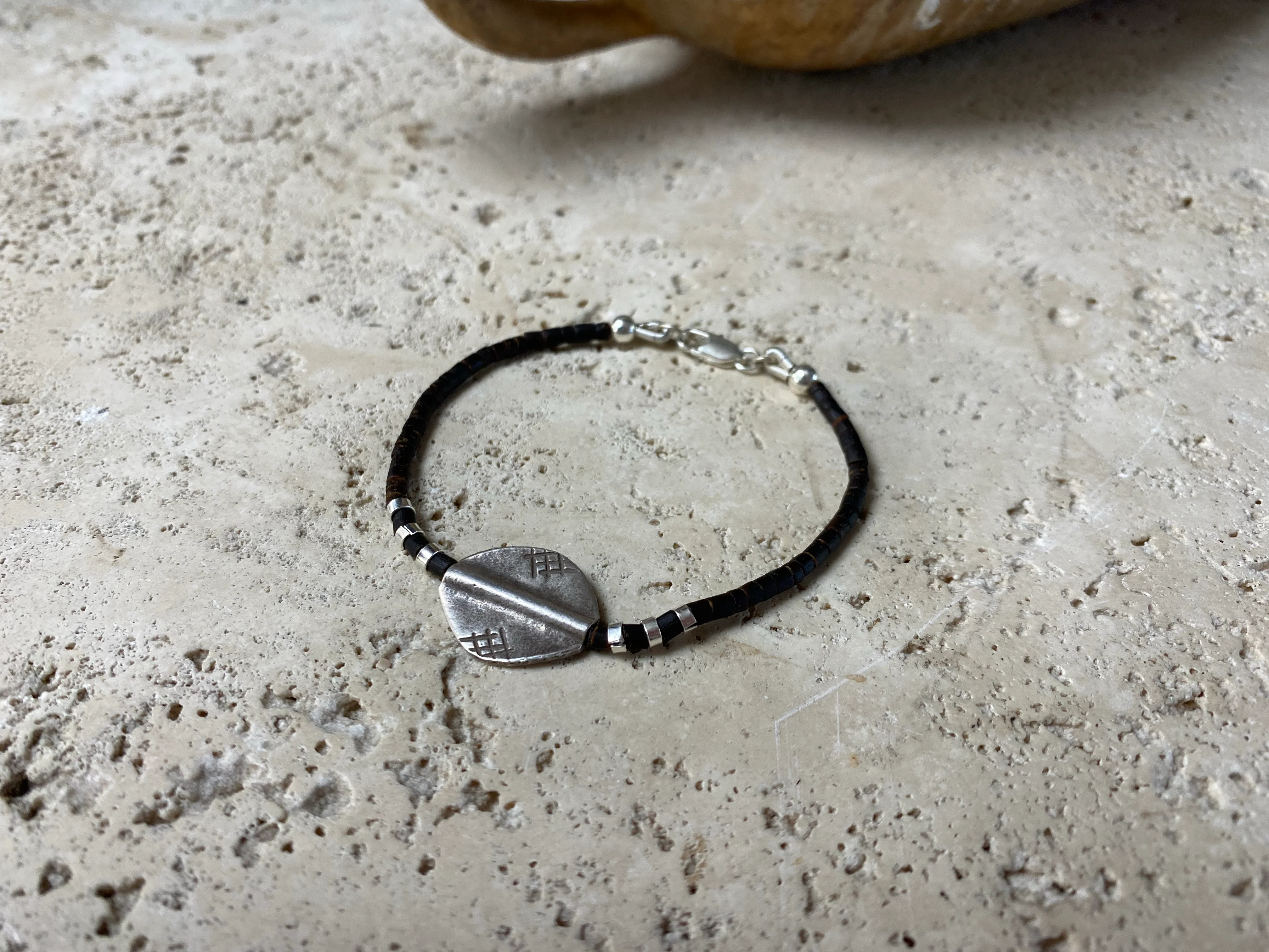 Silver and Coconut Wood Bracelet - Oval Bead With Crosshatching Decoration - Image 2