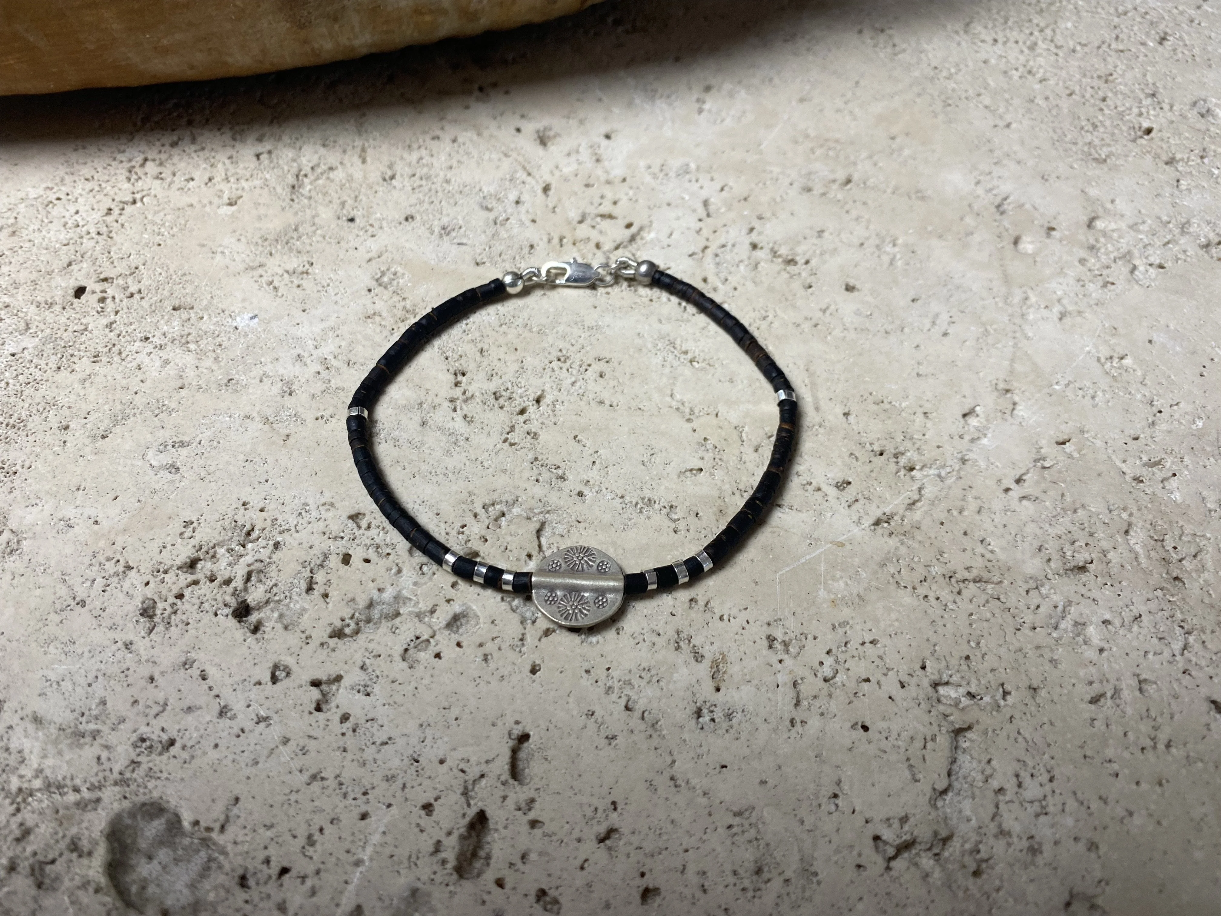 Silver and Coconut Wood Bracelet - Round Bead - Image 2