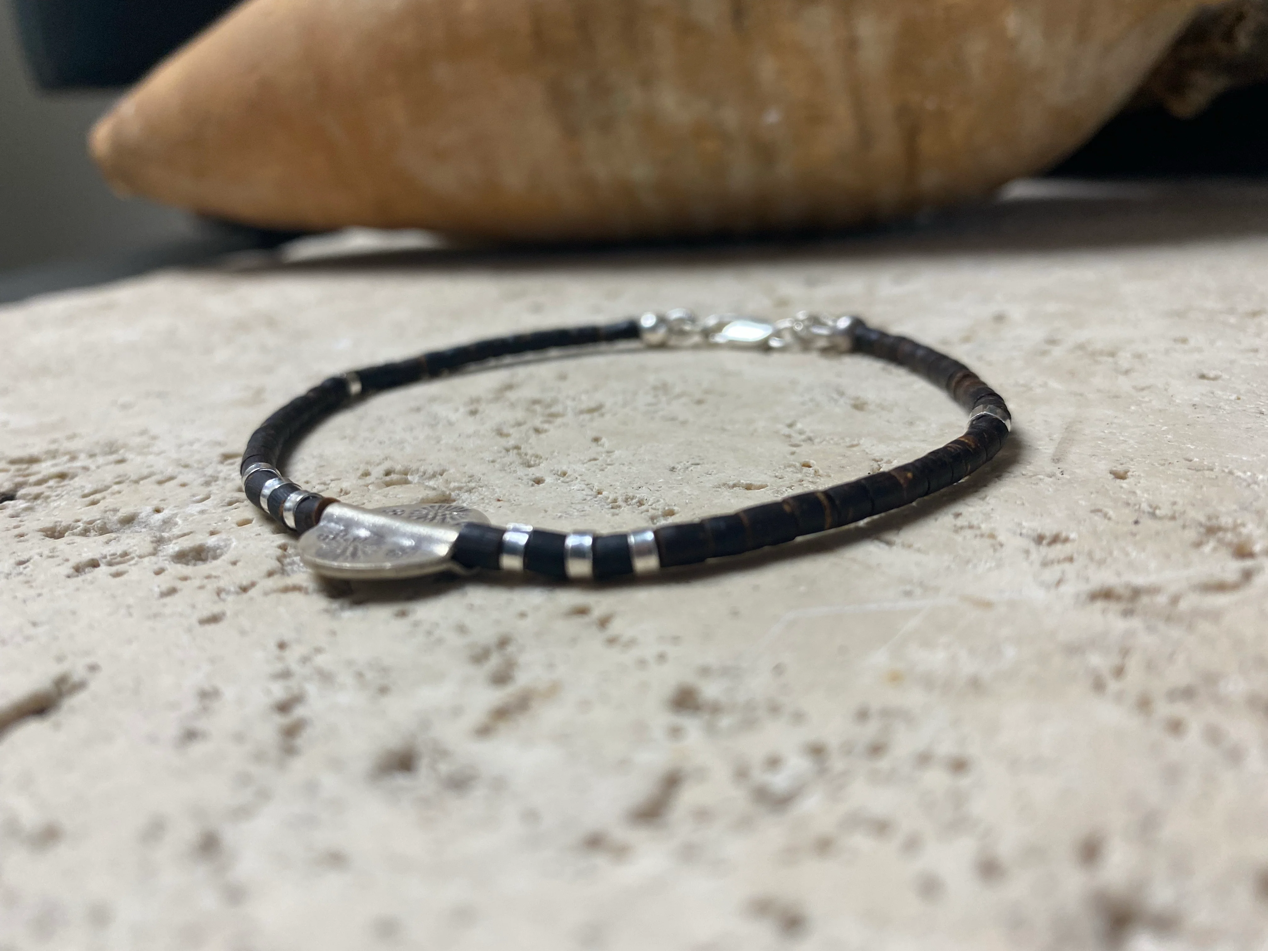 Silver and Coconut Wood Bracelet - Round Bead - Image 3