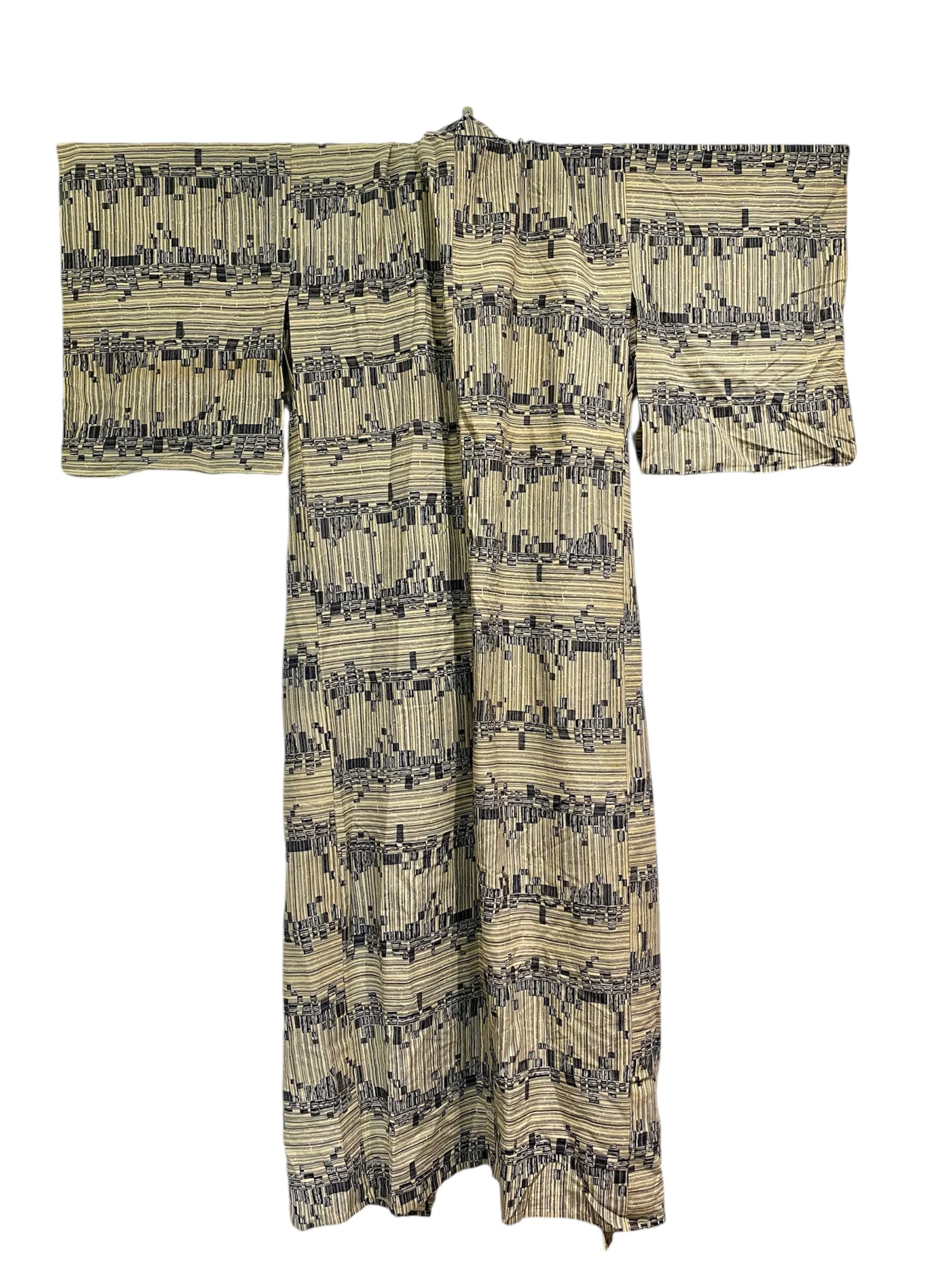 Vintage Japanese Silk Kimono in Geometric Blue Cream Pattern - Image 3